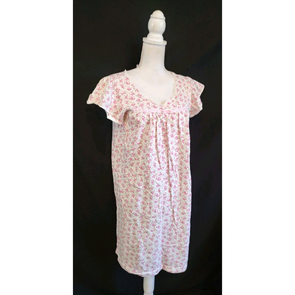 80's Vintage Nightgown Featherbed Pink Rose Floral Knit Short w Flutter Sleeve S